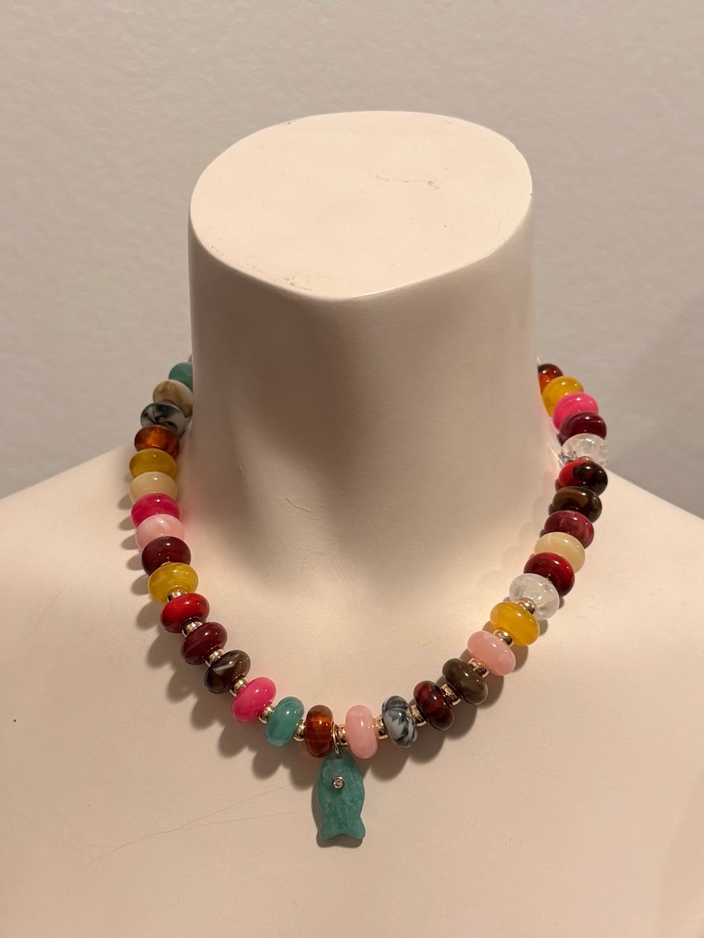 Multicolor Resin Bead Necklace with Natural stone Pendant - Women Jewelry